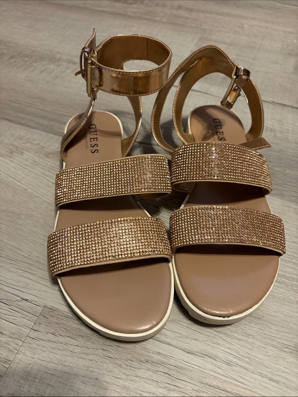 GUESS Rose Gold Rhinestone Ankle-Strap Sandals